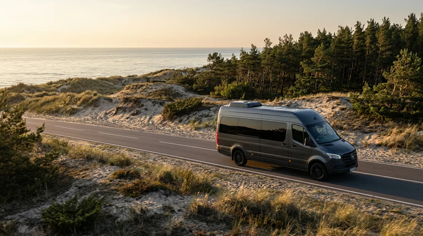 Микроавтобус Mercedes-Benz Sprinter едет по дороге через дюны Куршской косы