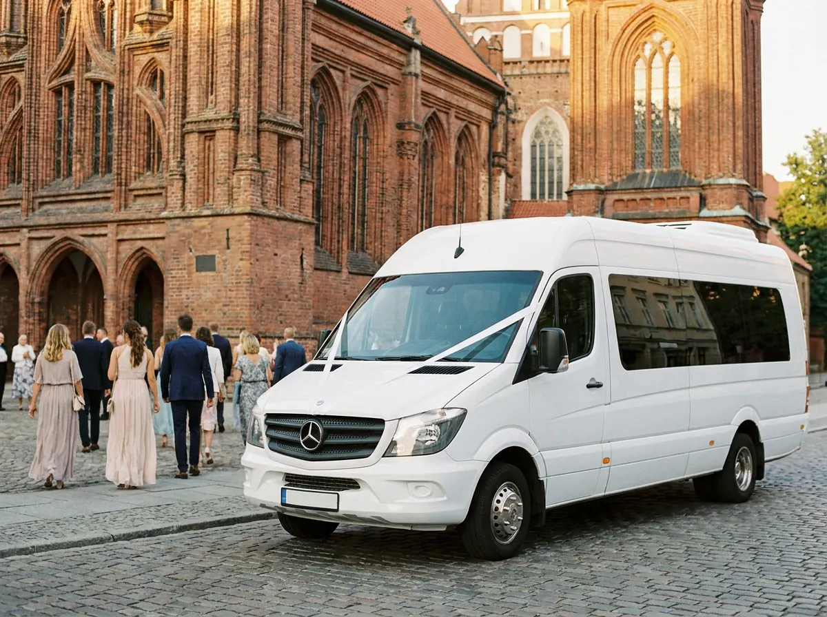 Белый Mercedes-Benz Sprinter у старинного собора, гости свадьбы идут к автобусу